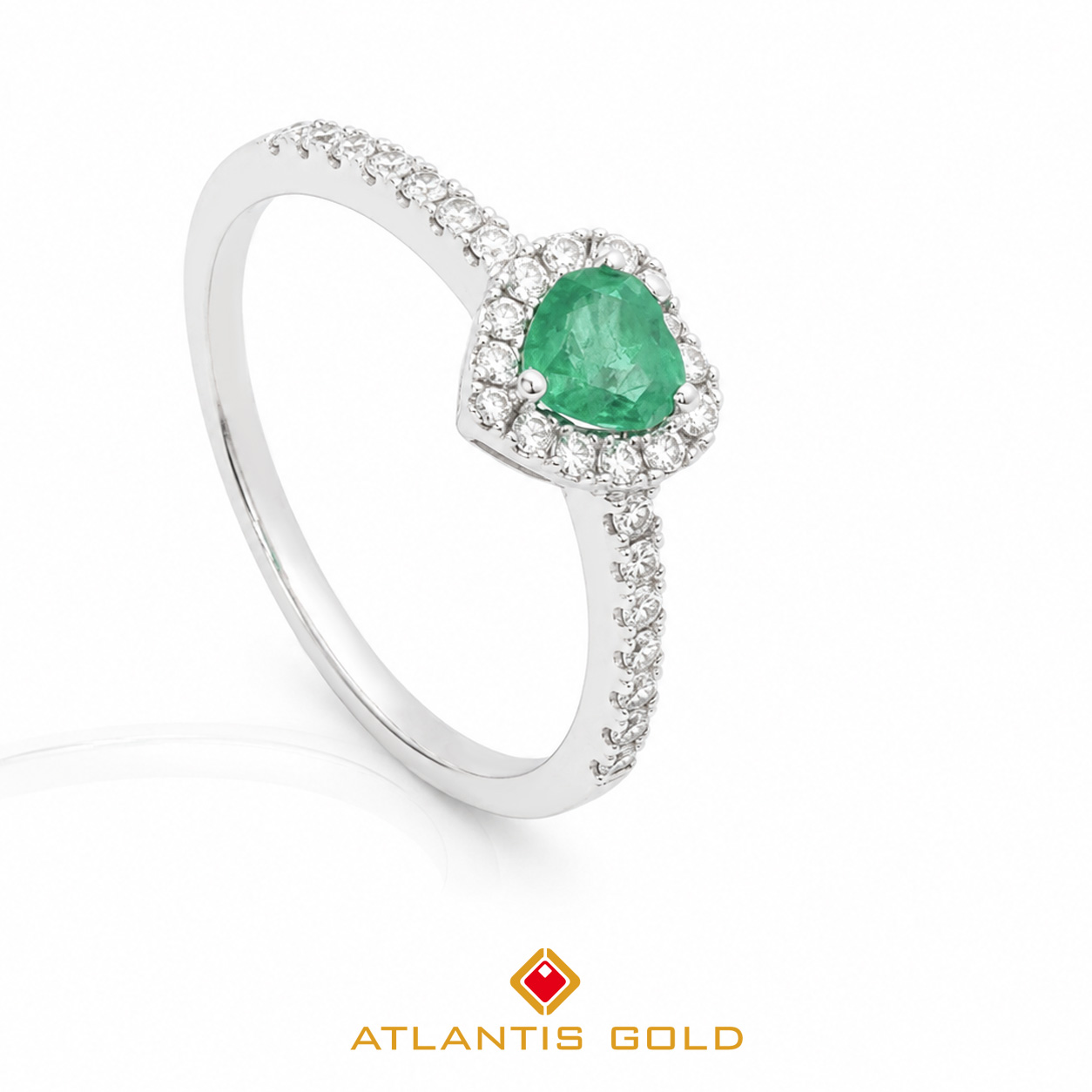 Inel Halo Heart - Smarald & Diamante, Aur alb18K